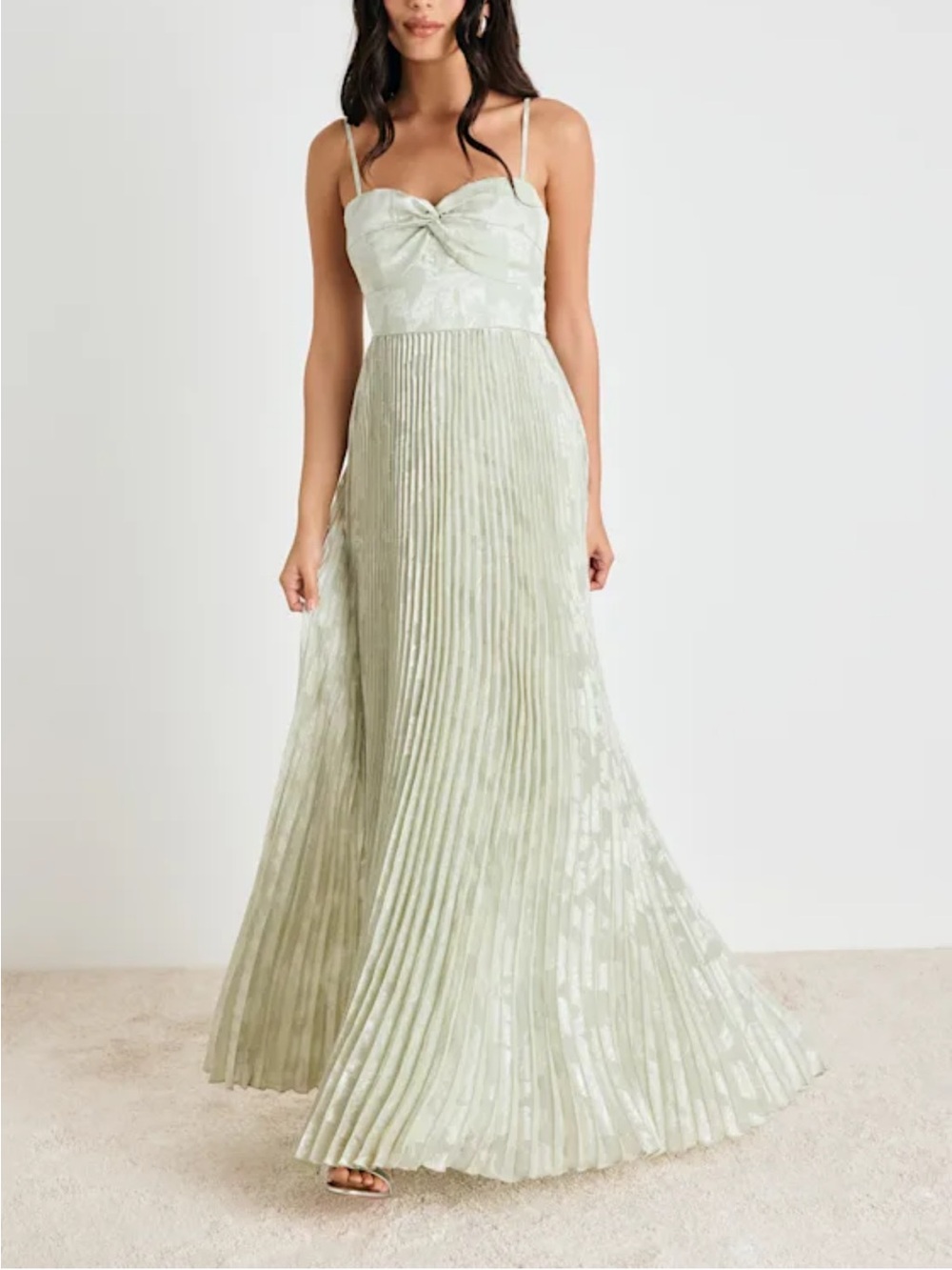 Light Sage Pleated Maxi Dress with Twist Bodice